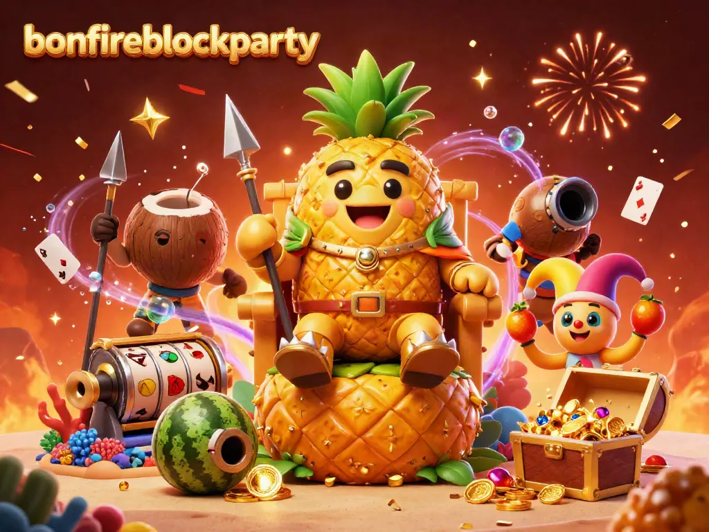 Experience the excitement of bonfireblockparty with the golden pineapple king and slot reels amidst vibrant festivities.