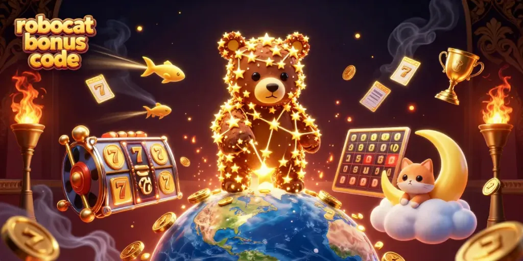 Spin the reels and win with the robocat bonus code in this vivid 3D casino illustration.
