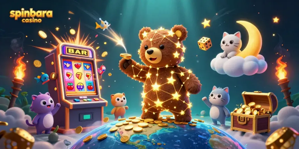 Experience the thrill of spinbara casino with a vibrant 3D illustration of a lucky constellation bear and spinning slot machine.