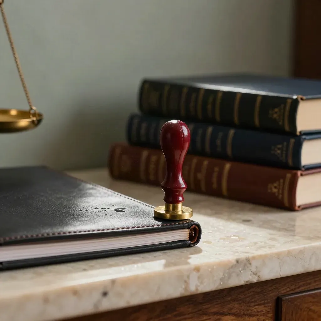 Despacho legal elegante con balanza de latón, expediente cerrado y libros oscuros sobre piedra clara.