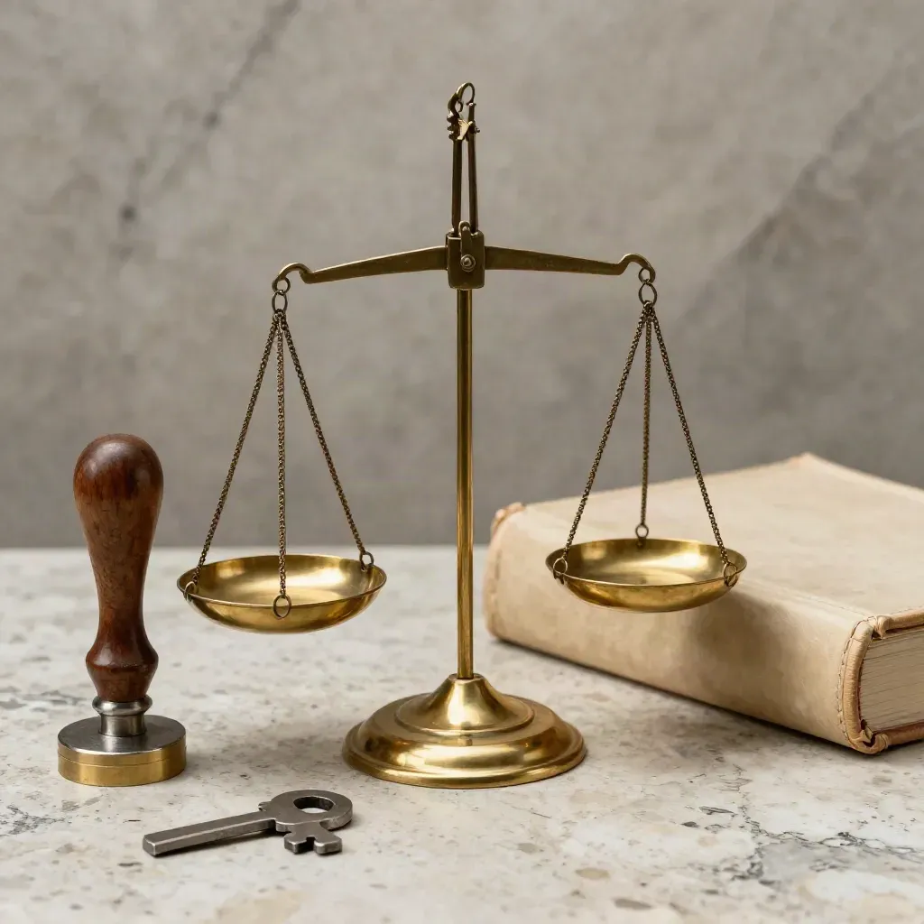Balanza de latón, sello judicial y libro de derecho sobre travertino, con luz dramática.