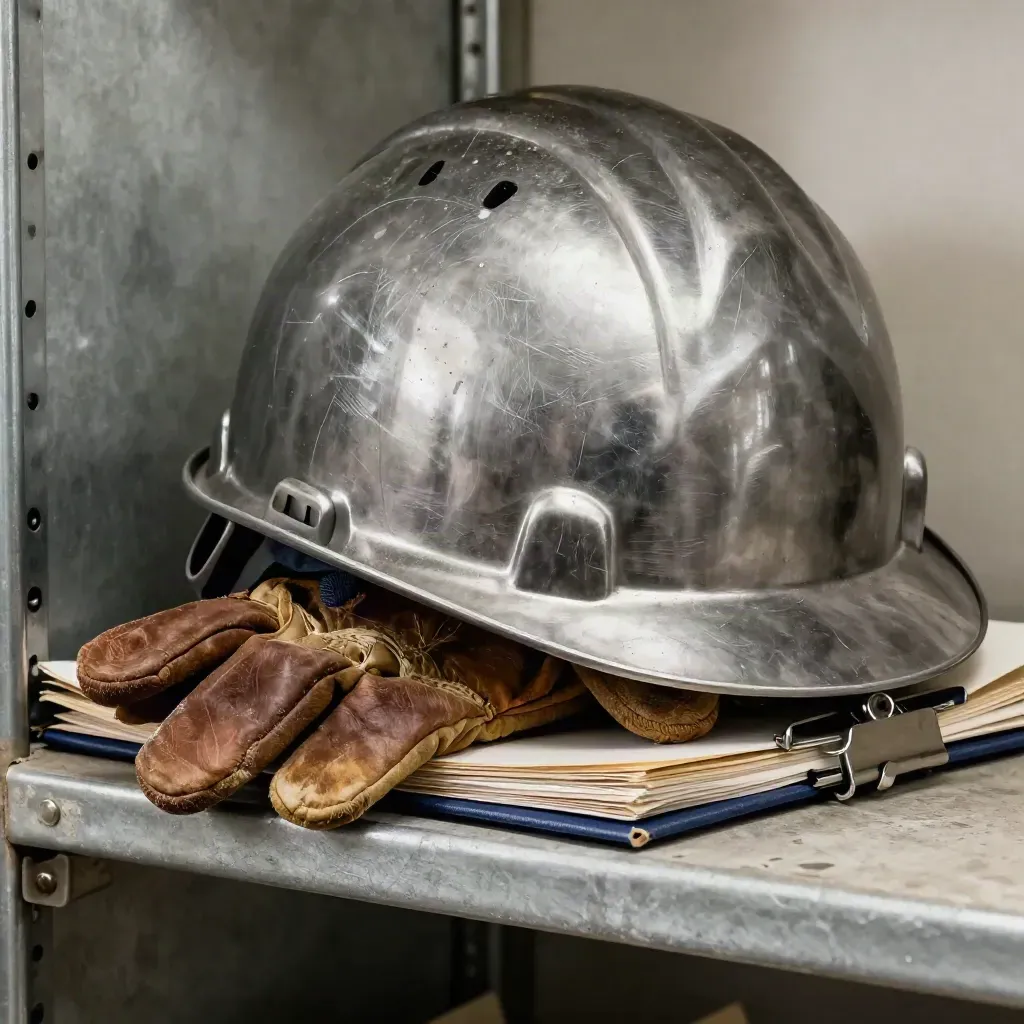 Casco de obra, guantes doblados y expediente laboral con pinza sobre repisa de obra.