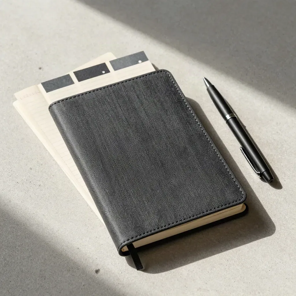Libretas legales, separadores con pestañas y una pluma negra sobre hormigón claro.