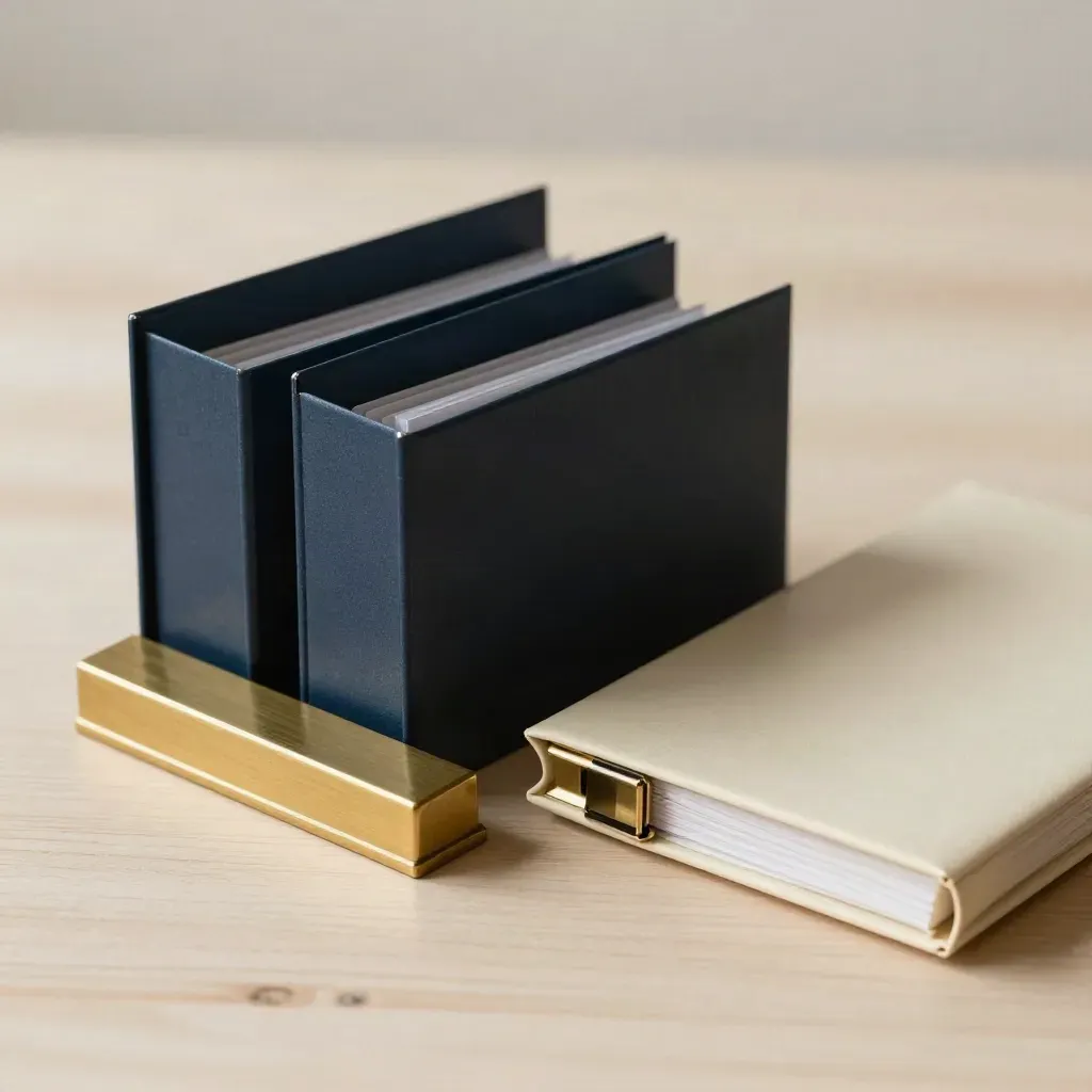 Carpeta legal azul marino con pestañas escalonadas y ficha de latón sobre madera clara.
