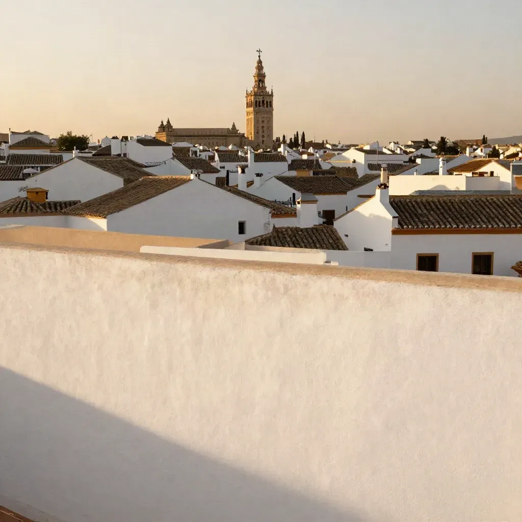 Tejados blancos andaluces y la Giralda sobre un estuco luminoso al atardecer