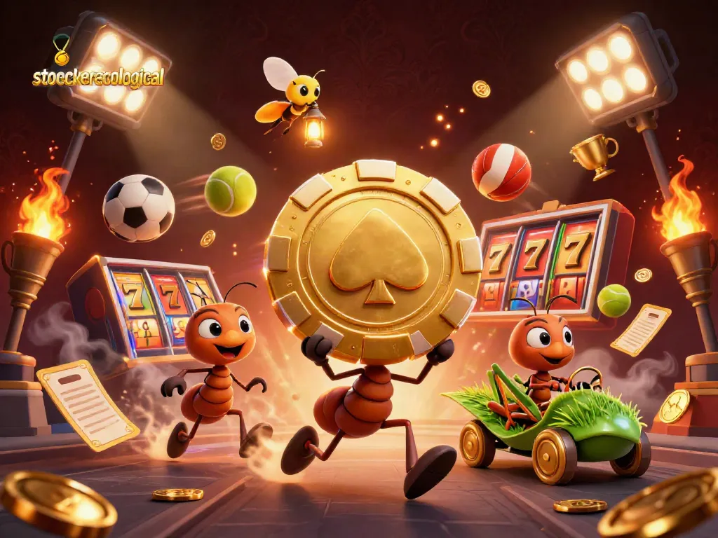 Stoeckerecological ants carrying a massive poker chip amidst dynamic gambling elements.