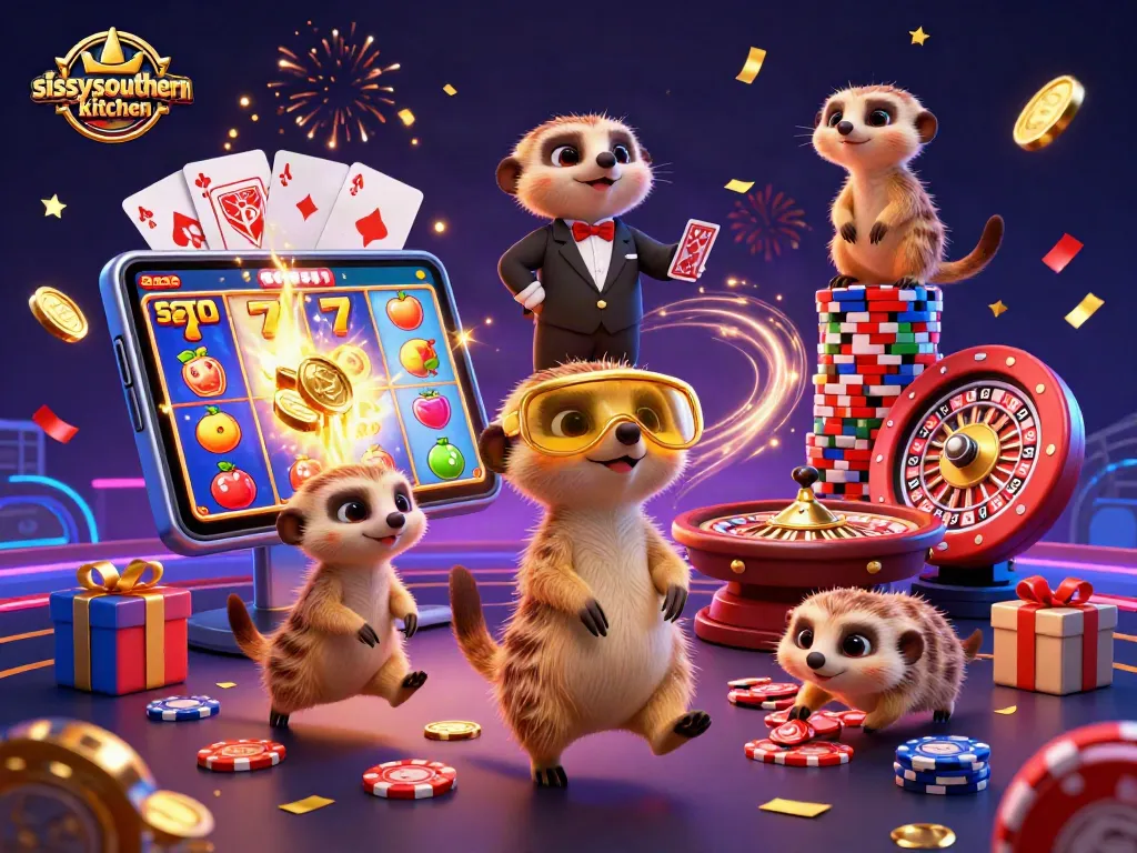 Sissyssouthernkitchen presents meerkats managing slots, cheerful chaos at a vibrant casino.